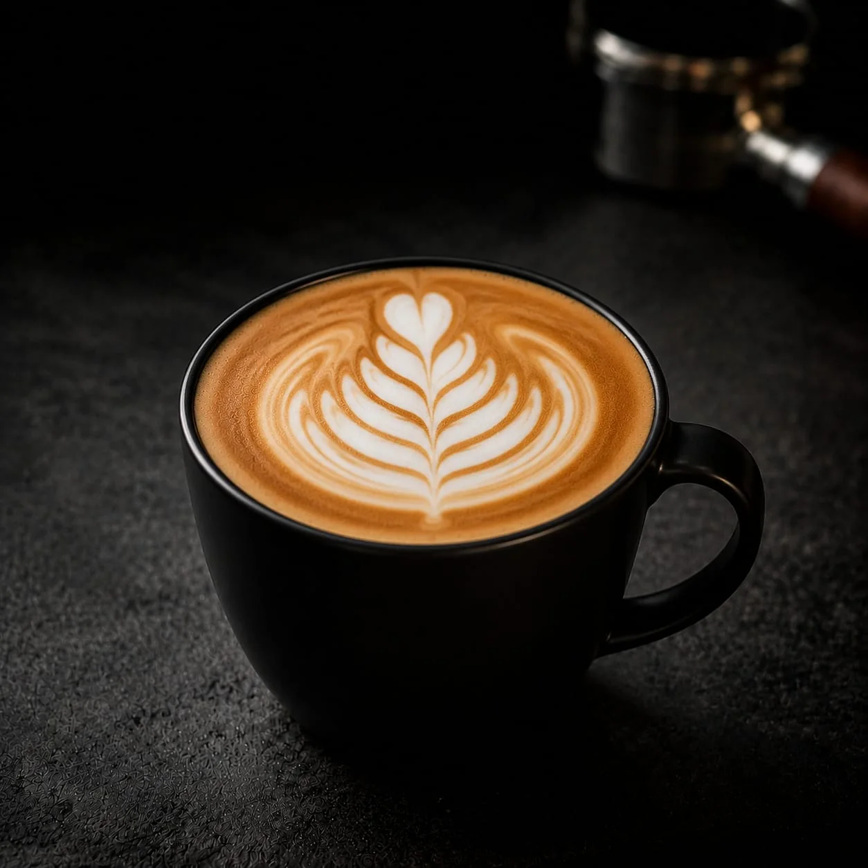 Cappuccino mit Latte Art in einer schwarzen Tasse