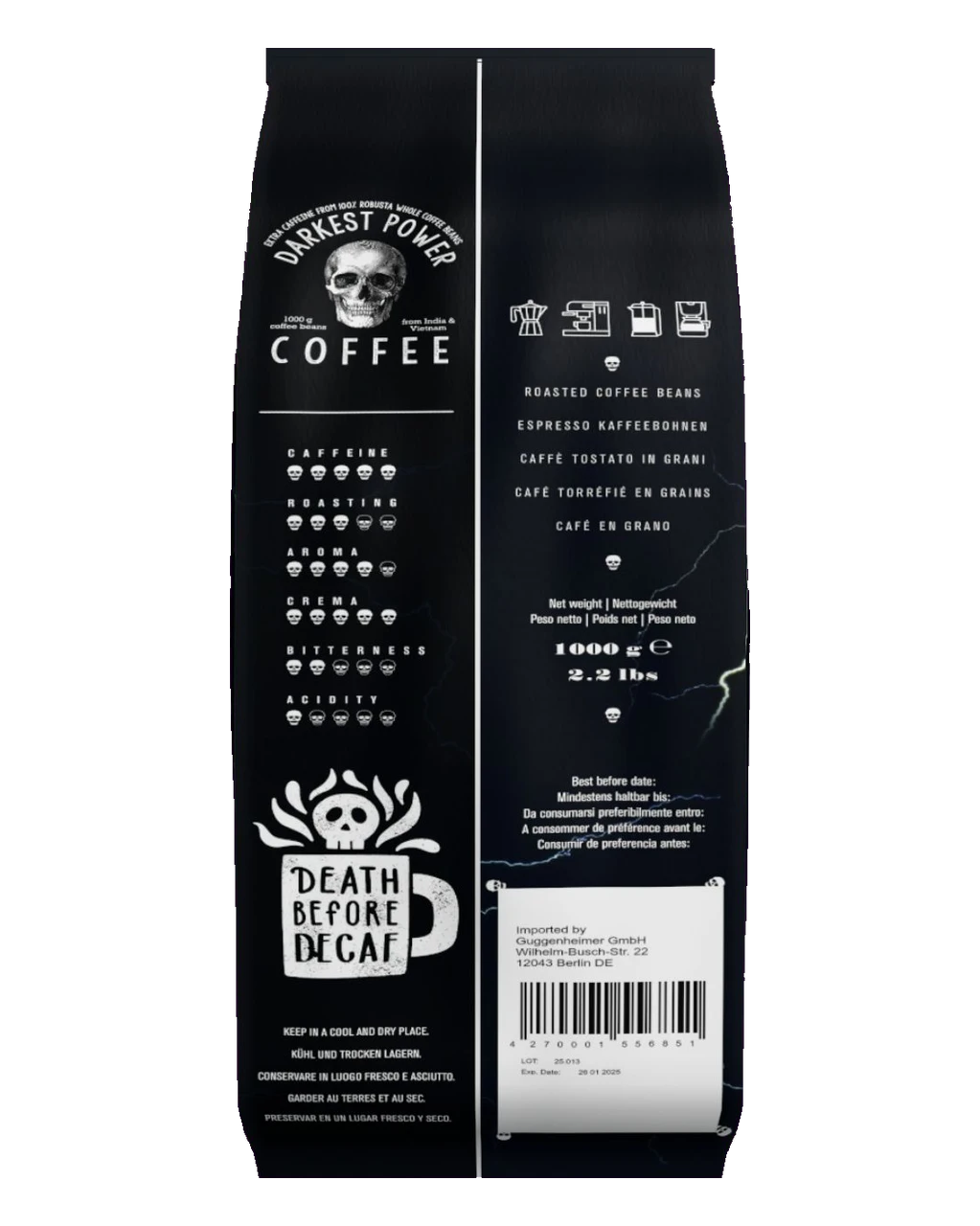 Rückseite der Darkest Power Kaffeepackung mit sechs Stärke-Skalen
